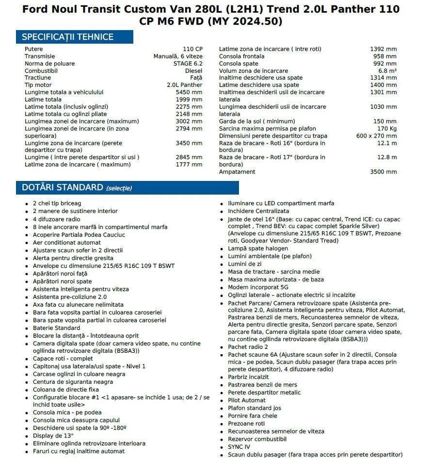 Ford TRANSIT CUSTOM VAN 280 L2 H1 Diesel 115CP 2024 Foto 15