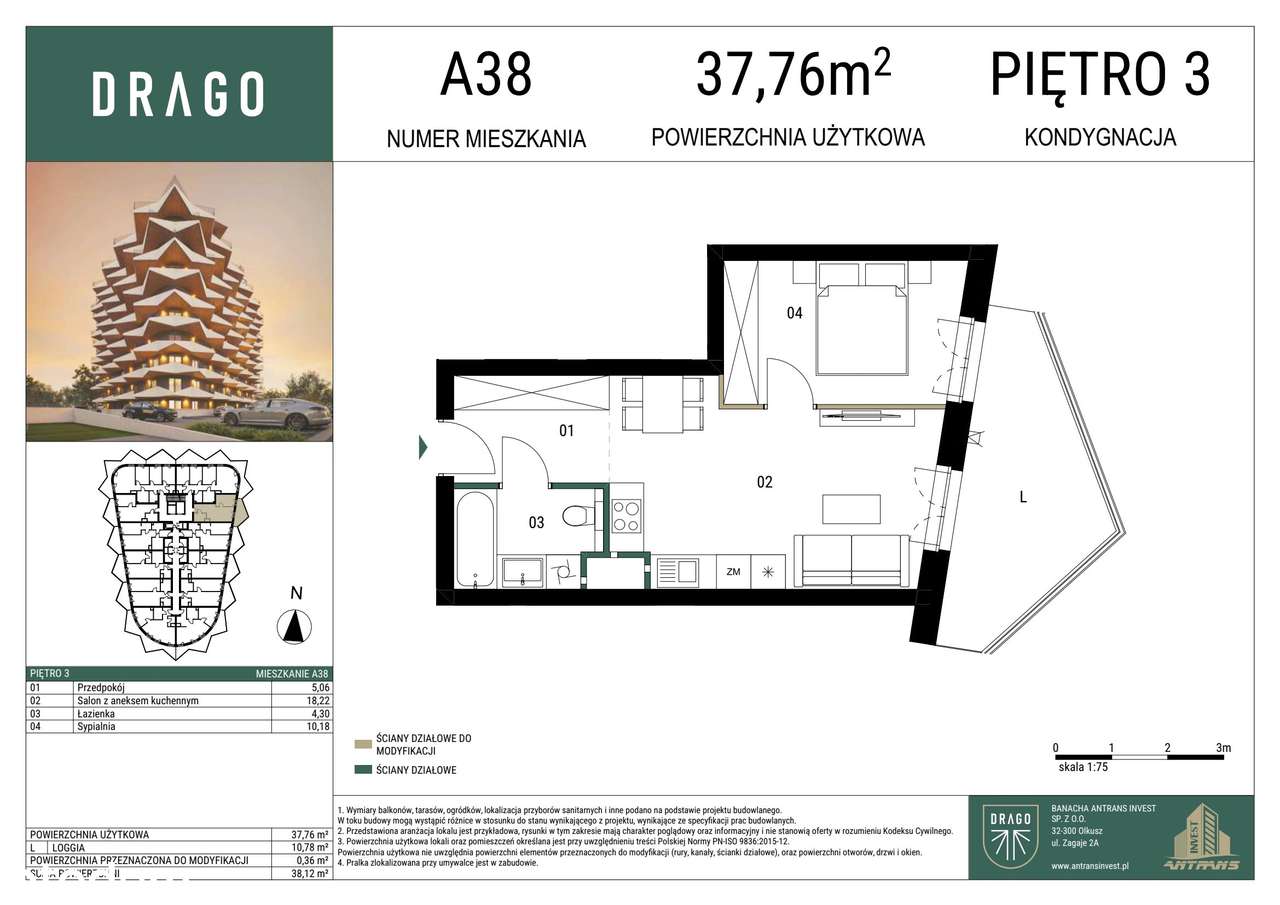 2-pokojowe mieszkanie 37m2 + loggia Bezpośrednio - Pełny obrazek: 2/9