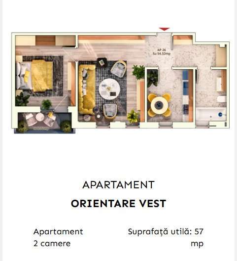 Apartament 2 camere semidecomandate, 52 mp, 9.30mp balcon, parcare sub - Imagine principală: 5/9