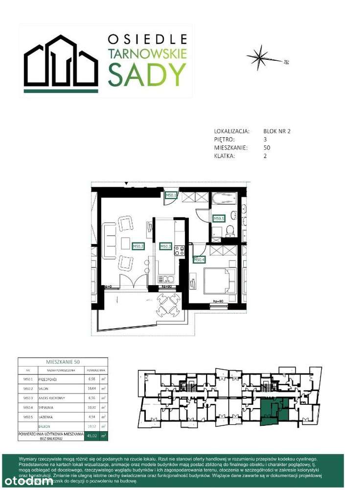 Tarnowskie Sady Blok 2 M50 mieszkanie 45,02m² - Pełny obrazek: 2/7