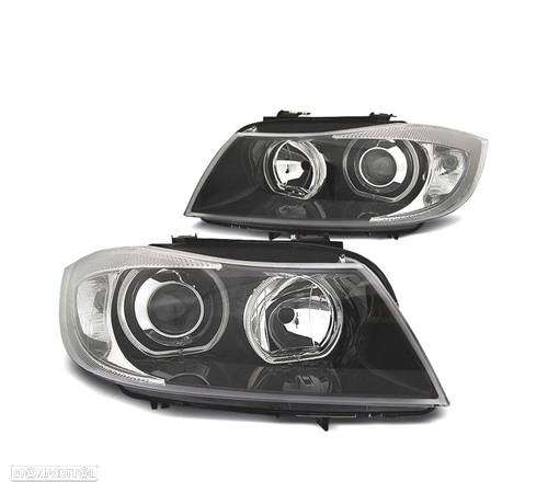 FARÓIS FRONTAIS PARA BMW SERIE 3 E90 E91 05-0-08 OLHOS DE ANGEL LED CCFL FUNDO PRETO - 1