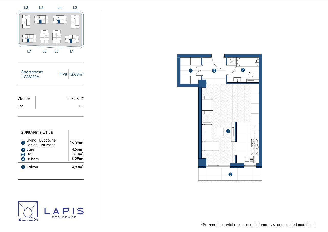 LAPIS RESIDENCE - apartament nou 1 camera, 42 mp, in Galata, Iasi