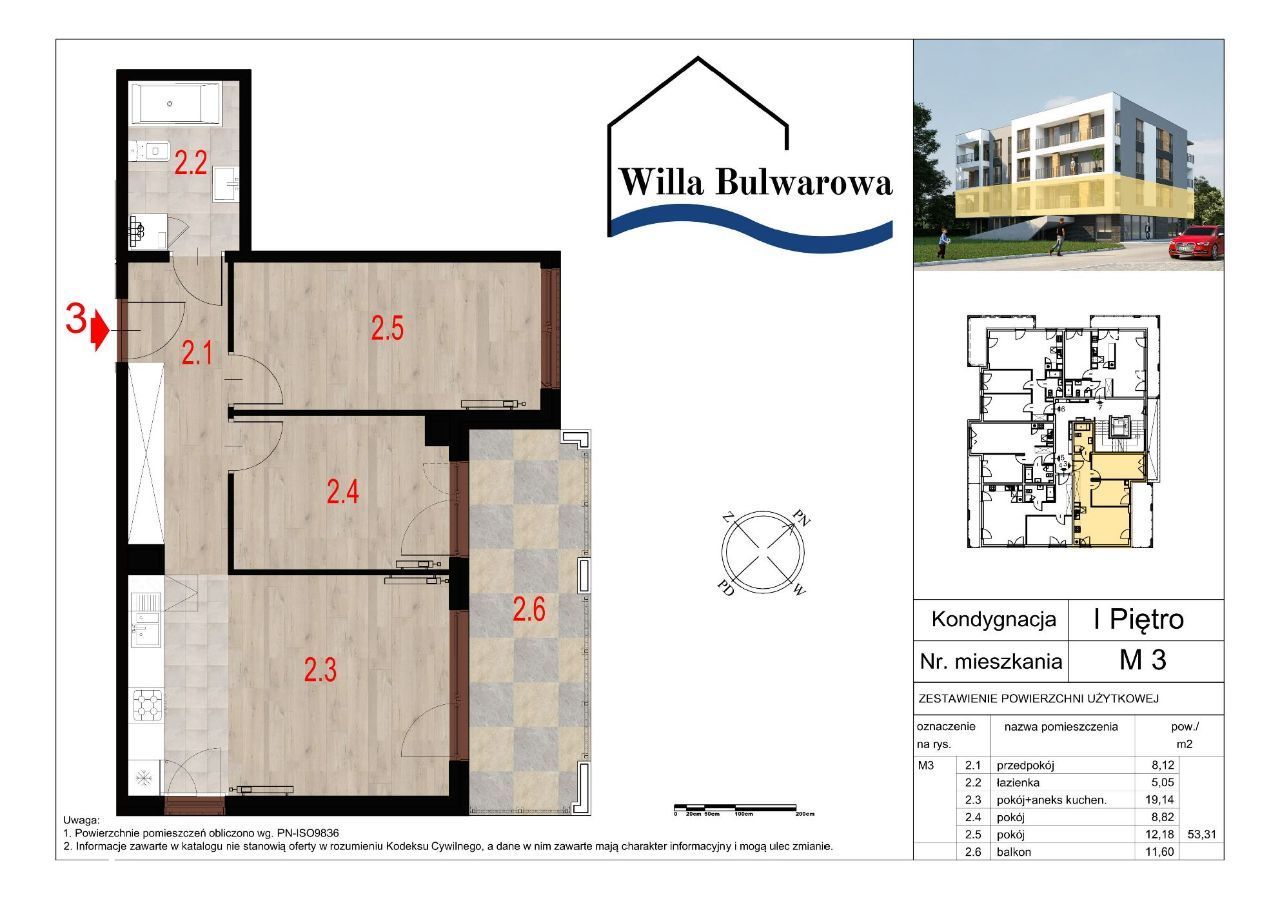 Willa Bulwarowa - 3 pokoje - 53,31 m2
