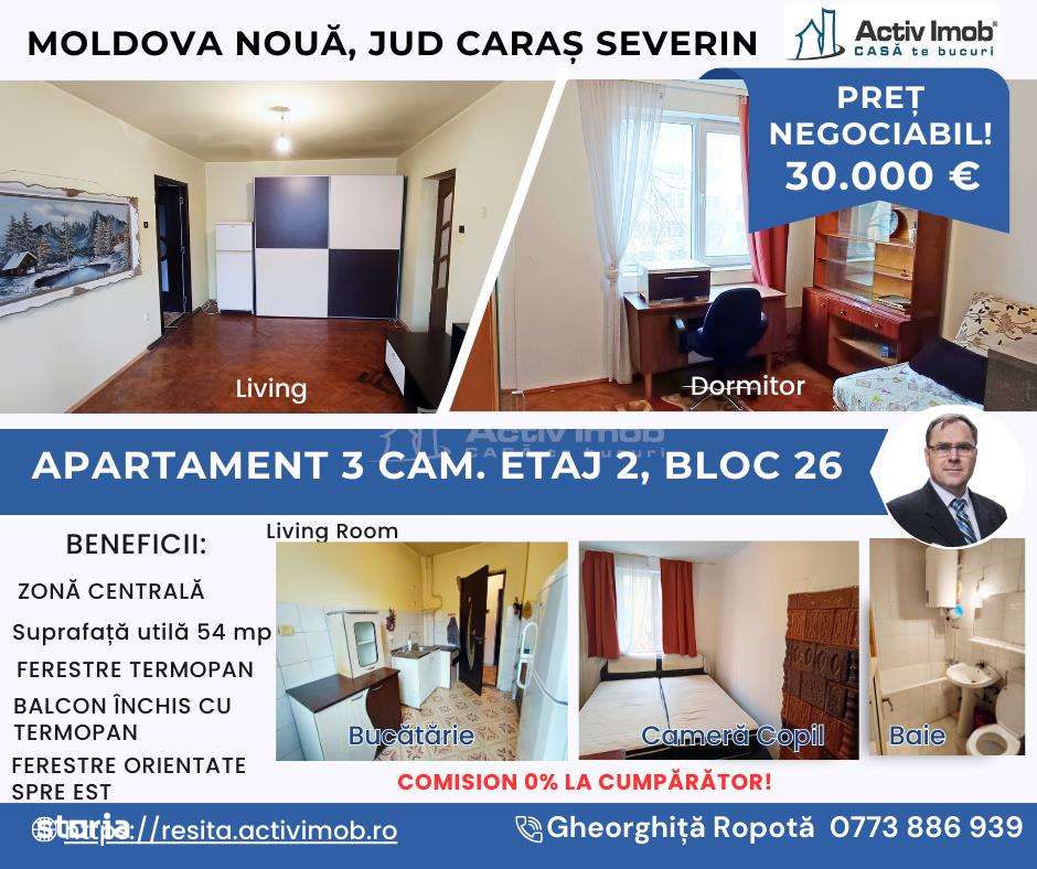 Apartament 3 cam. et. 2 in Moldova Nou&#259; - Imagine principală: 1/13