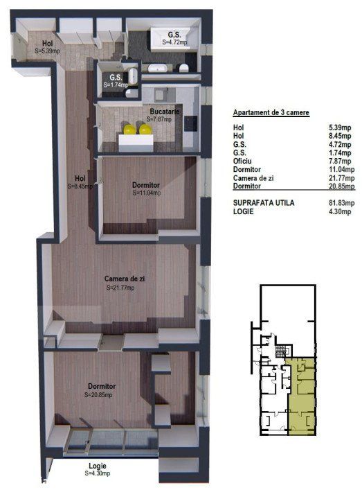 Apartament de 3 camere semifinisat, 81mp, bloc nou, zona linistita