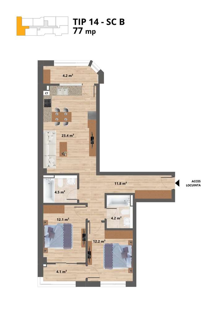 Sun Residence -- Apartament 3 camere - TIP 14 - 77 Mp - Proiect NOU --1