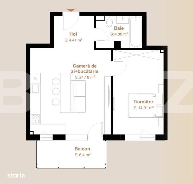 Apartament 2 camere, 48,38 mp + balcon ,6,4 mp, zona Vivo