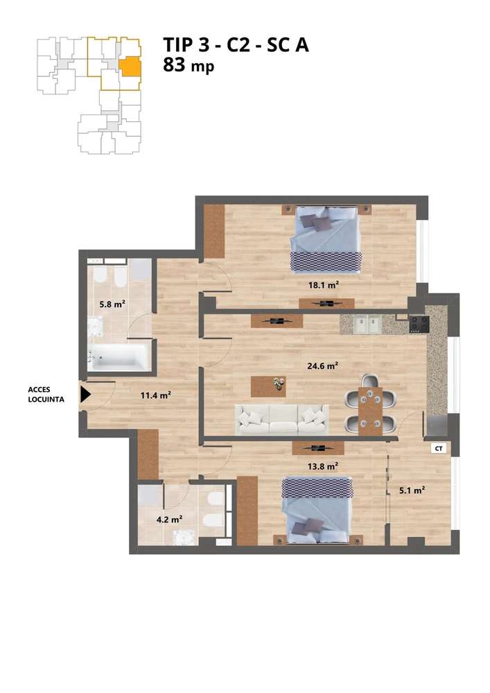 Proiect NOU -- Sun Residence -- Apartament 3 camere - TIP 3 - 83 Mp - Imagine principală: 3/20