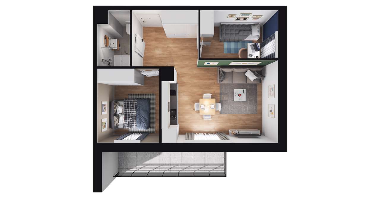 3-pokojowy apartament inwestycyjny 44m2 + balkon - Pełny obrazek: 2/8