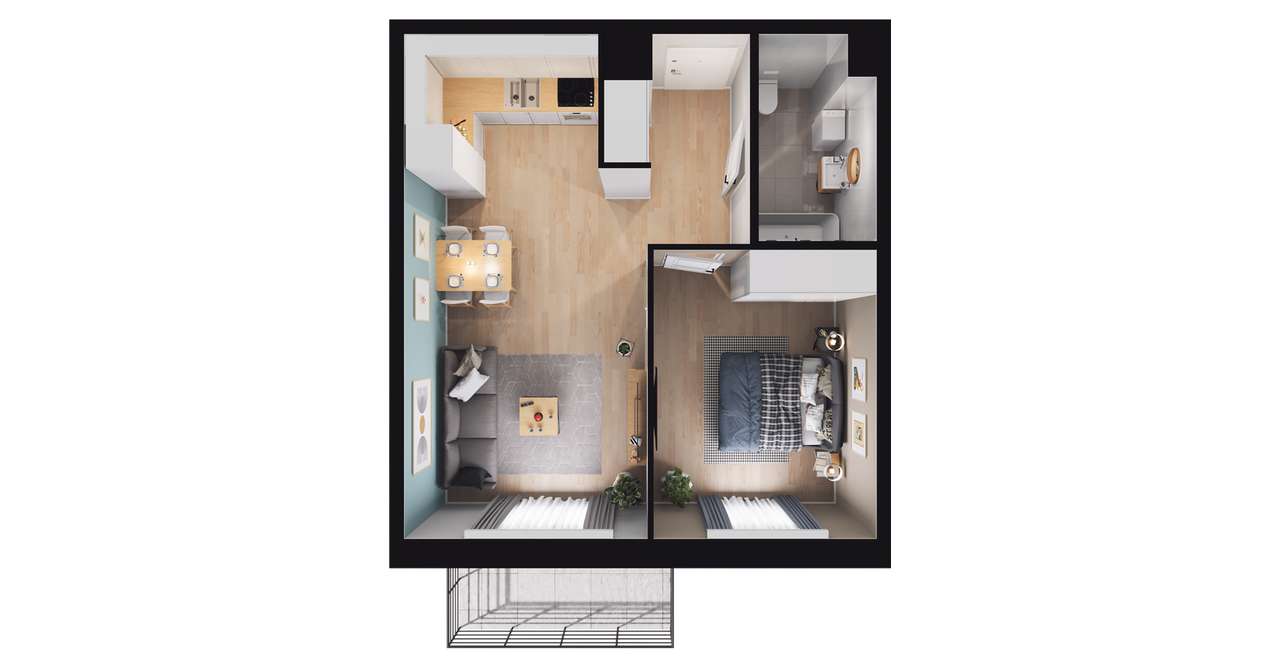 2-pokojowe mieszkanie 43m2 + balkon - Pełny obrazek: 2/8