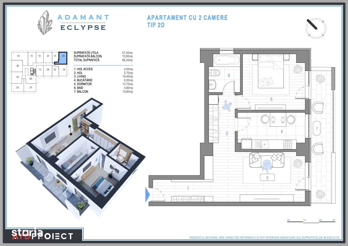 ADAMANT ECLYPSE, 2 camere decomandat, TIP 2D, 68.2mp