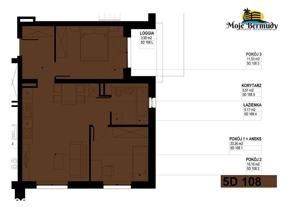 Mieszkanie 3 pokoje; 55,63 m2 z balkonem; 5D 108 - Pełny obrazek: 2/9