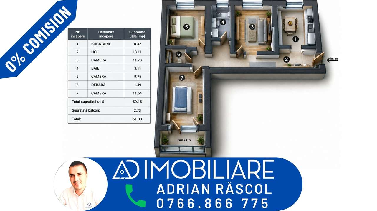 Apartament 3 camere, decomandat, strada Energeticienilor, zona 8 Mai-0