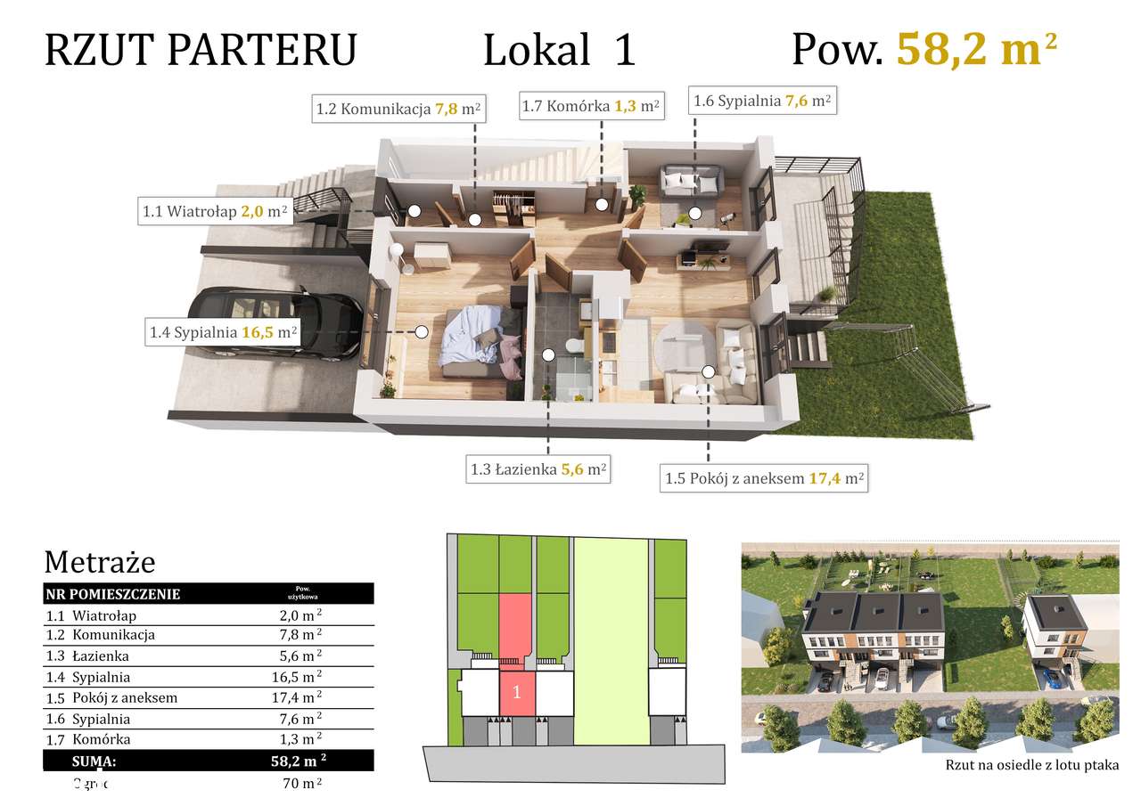 3-pokojowe mieszkanie 58,2m2 wraz z garażem i ogródkiem 70m2 W CENIE-3