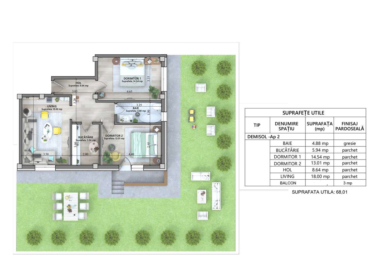 APARTAMENT CU 3 CAMERE - CURTE INTABULATA
