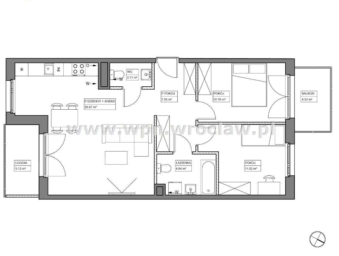 Gotowe, 3 pokoje, rozkład, oddzielne Wc, 2 balkony-1