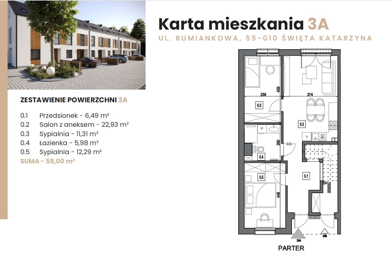 59m2 / 3 pokoje z aneksem, ogródkiem, parkingiem/ kameralne osiedle - Pełny obrazek: 2/10