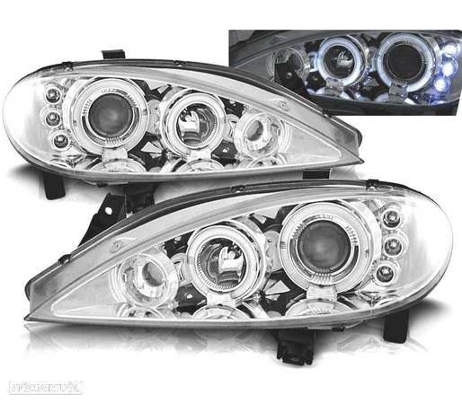 FARÓIS FRONTAIS ANGEL EYES LED PARA RENAULT MEGANE 1 99-02. FUNDO CROMADO - 1