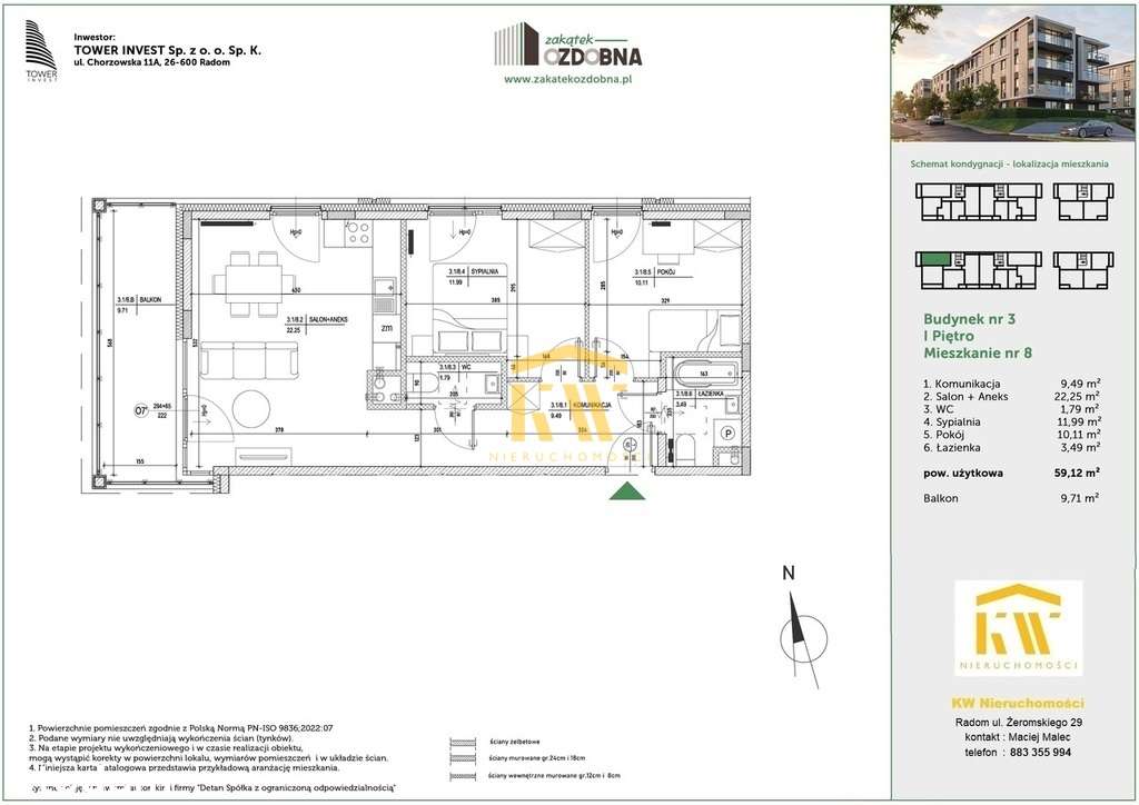 3 pokoje / 59,12 m / 1 Piętro /  balkon 10 m - Pełny obrazek: 2/6