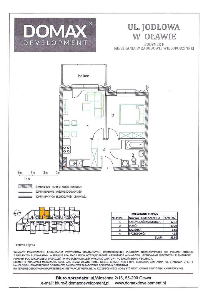 Mieszkanie dwupokojowe 35,86mkw z balkonem, F1/P2/5 - Pełny obrazek: 2/8