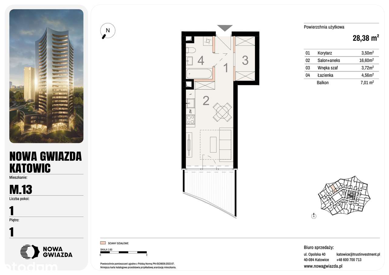 1-pokojowe mieszkanie 28m2 + balkon - Pełny obrazek: 2/7