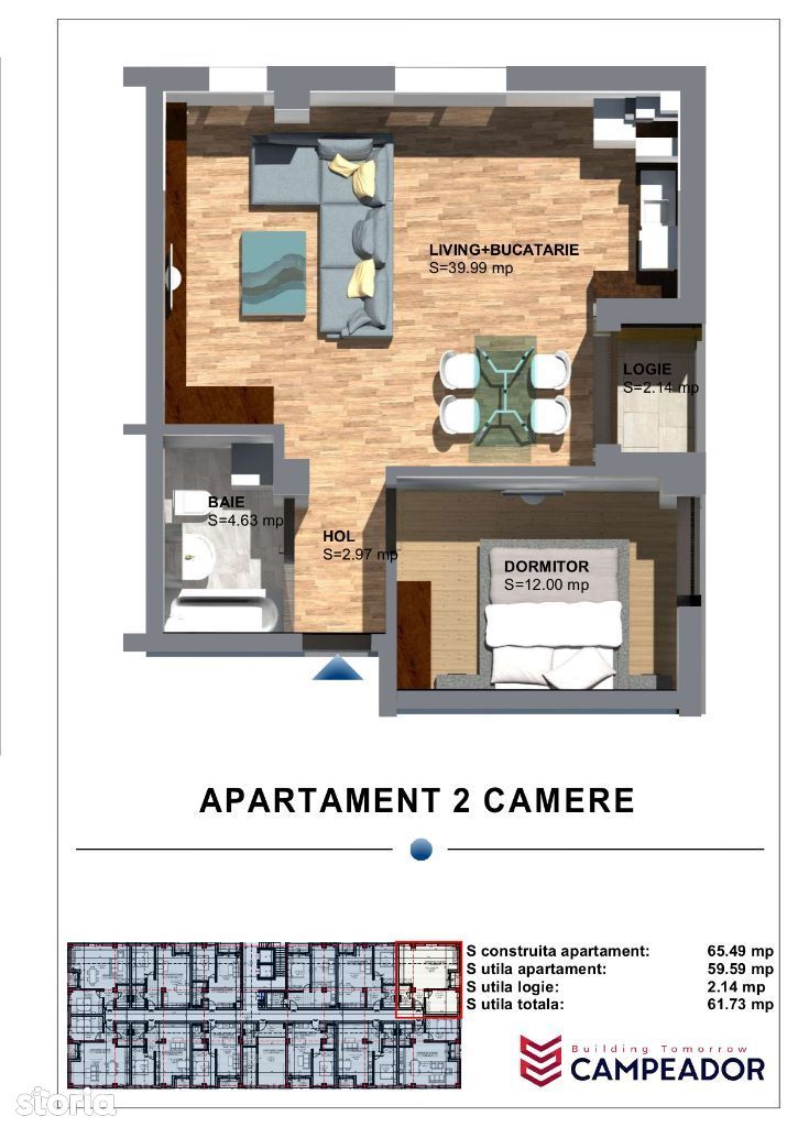 CAMPEADOR: Apartament cu 2 cam, 54 mp utili, cu balcon tip logie, et.3