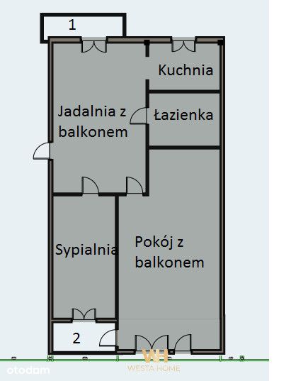 2 pokoje, kuchnia z jadalnia, 2 balkony.
