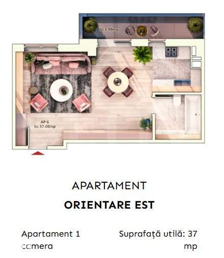 Apartament 1 camera, 37 mp, balcon, parcare subterana - Imagine principală: 1/5