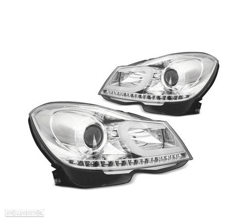 FAROIS FRONTAIS PARA MERCEDES W204 11-14 TUBE LIGHT + LED FUNDO CROMADO - 1