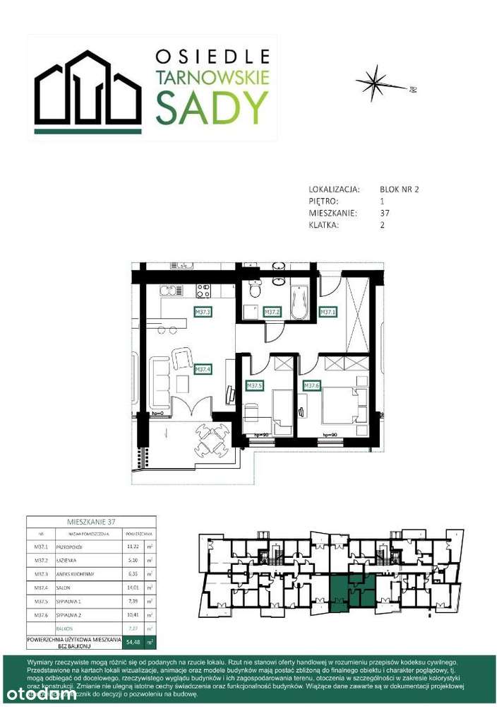 Tarnowskie Sady Blok 2 M37 mieszkanie 54,18m² - Pełny obrazek: 2/7