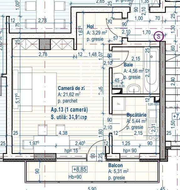 Apartament de 1 camera, decomandat , 35 MP,semifinisat, Floresti - Imagine principală: 2/5