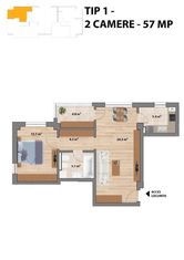 Proiect NOU -- Sun Residence -- Apartament 2 camere - TIP 1 - 57 Mp