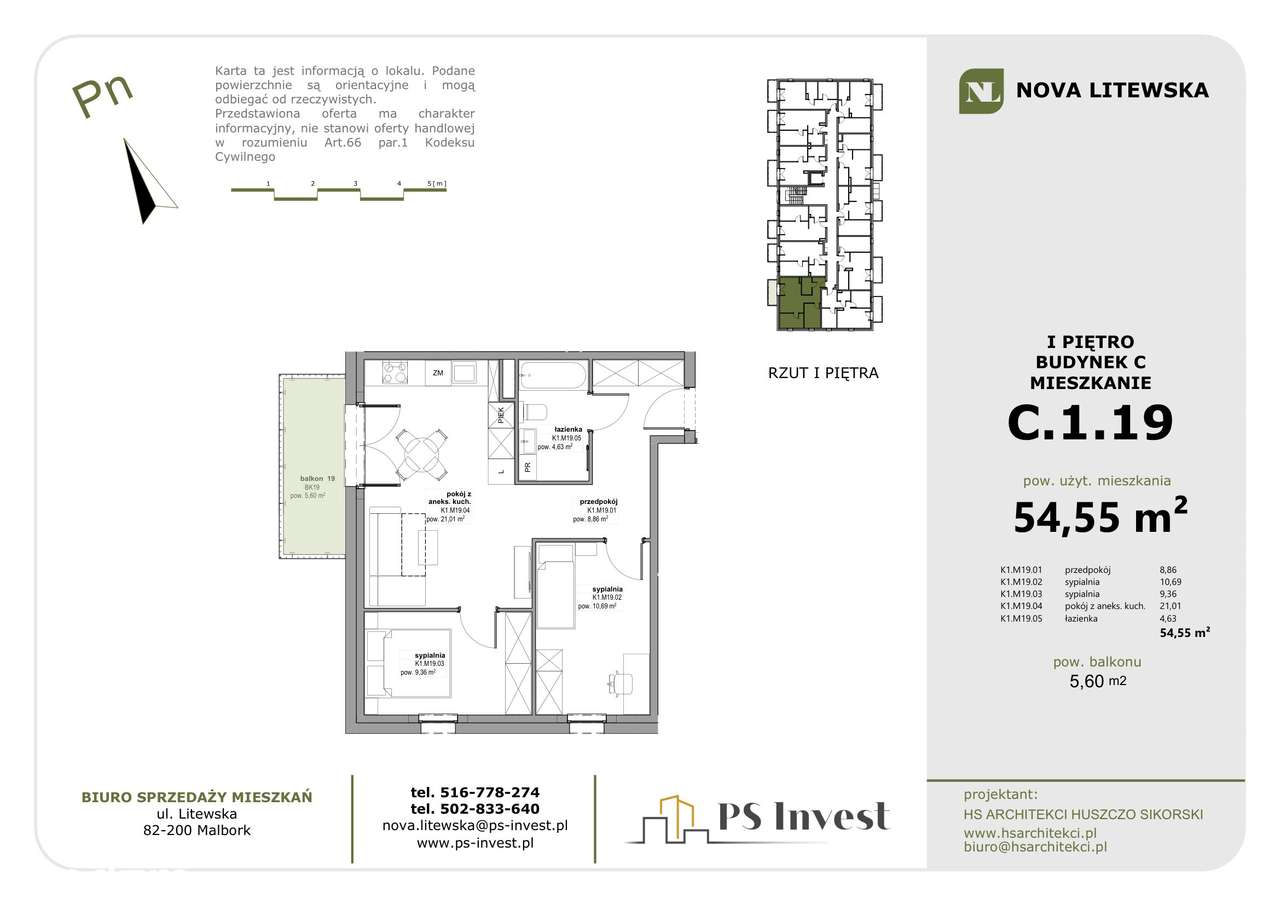 Przestronne 3 pokoje (54,5 m²)! Wielki salon 21 m² | NOVA LITEWSKA (lokal C19)