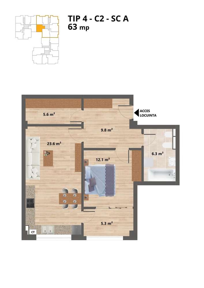 Proiect NOU -- Sun Residence -- Apartament 2 camere - TIP 4-C2.A-63 Mp - Imagine principală: 2/20