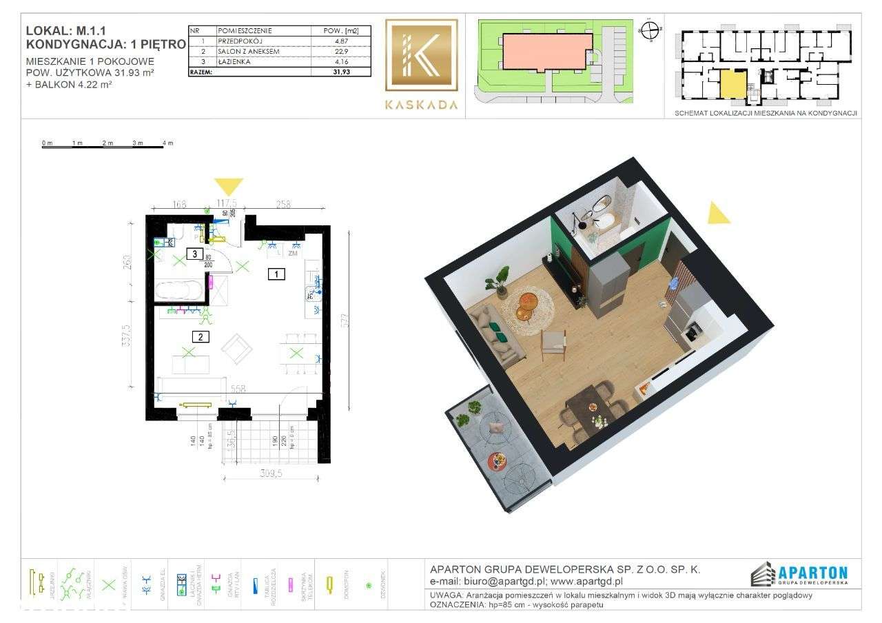 Kawalerka w nowej inwestycji KASKADA! M1.1 ROLETY W CENIE - Pełny obrazek: 2/7