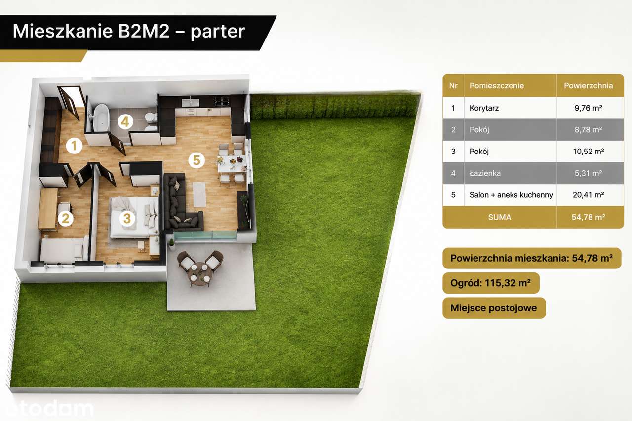 3 pok. + ogródek 115,32 m²|54,78 m² | Miejsce parkingowe |0%prowizji