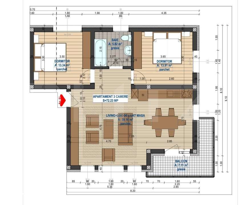 Apartament de 3 camere, 72 mp utili, etaj 1, bloc nou, parcare inclusa - Imagine principală: 3/11