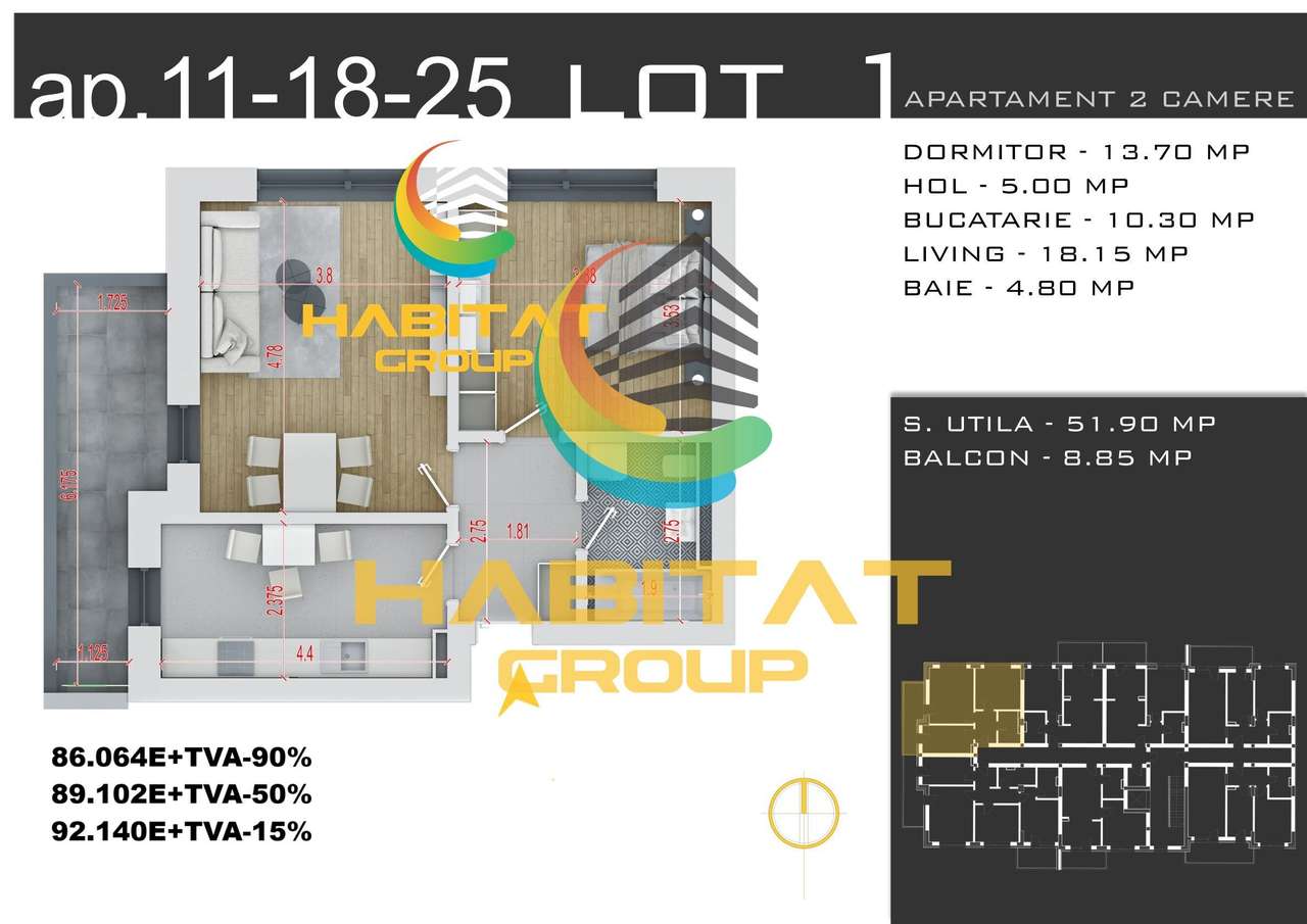 Pallady 2 camere decomandat 61 mp + loc parcare gratuit - Imagine principală: 2/20