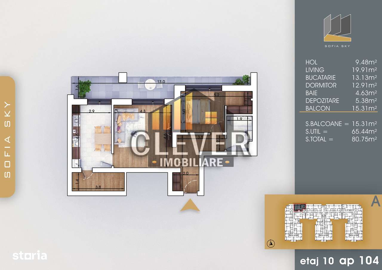 Apartament 2 camere Bucatarie Inchisa cu Debara Metrou Teclu - Imagine principală: 1/5