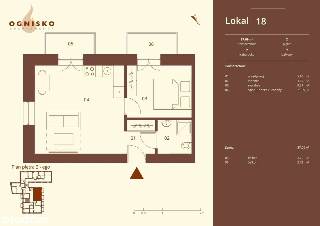 Apartament-37,09 m² | 2- piętro  z windą| 2- pokojowy z dwoma balkonami – pohled 4