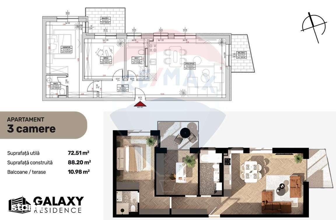 COMISION 0| DE VÂNZARE| 3 CAMERE| TRACTORUL| BLOC NOU|GALAXY RESIDENCE - Imagine principală: 3/13