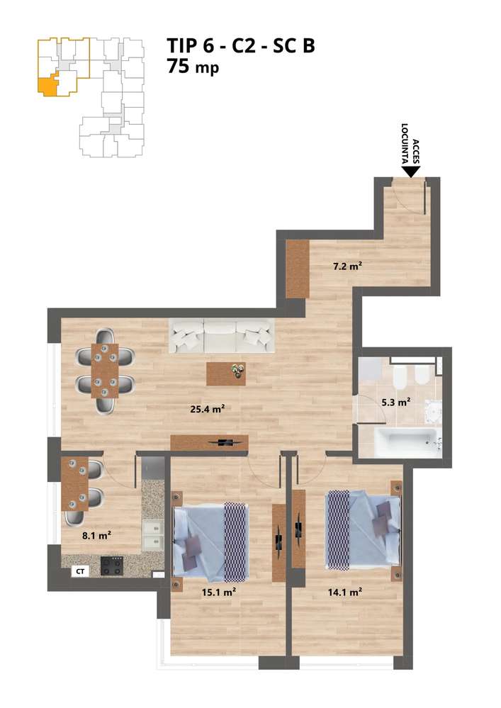 Proiect NOU -- Sun Residence -- Apartament 3 camere - TIP 6 - 75 Mp - Imagine principală: 2/20