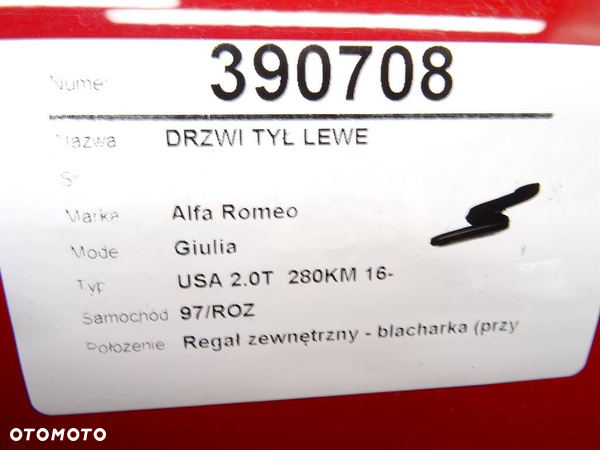 DRZWI TYŁ LEWE ALFA ROMEO GIULIA (952_) 2015 - 2022 2.0 (952ACA25) 206 kW [280 KM] benzyna 2016 - - 6