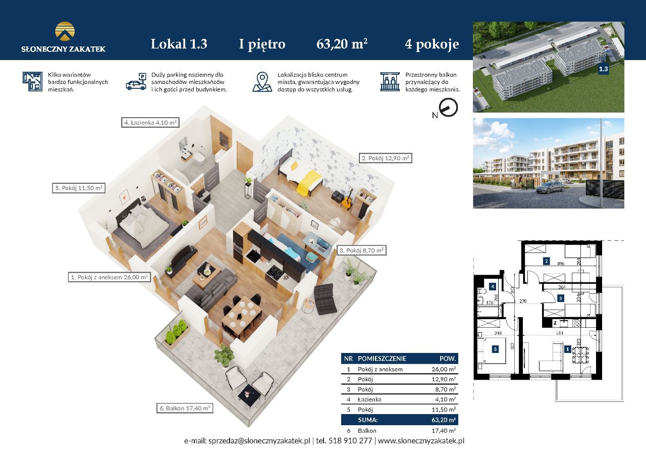 Blok 3 | Apartament 63 m² | Balkon 17,4 m² | Windy