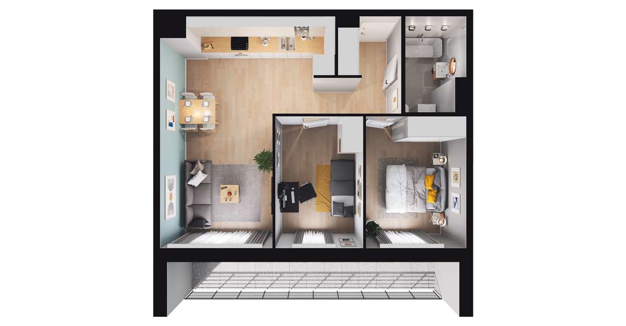 3-pokojowe mieszkanie 57m2 + loggia Bezpośrednio - Pełny obrazek: 2/8