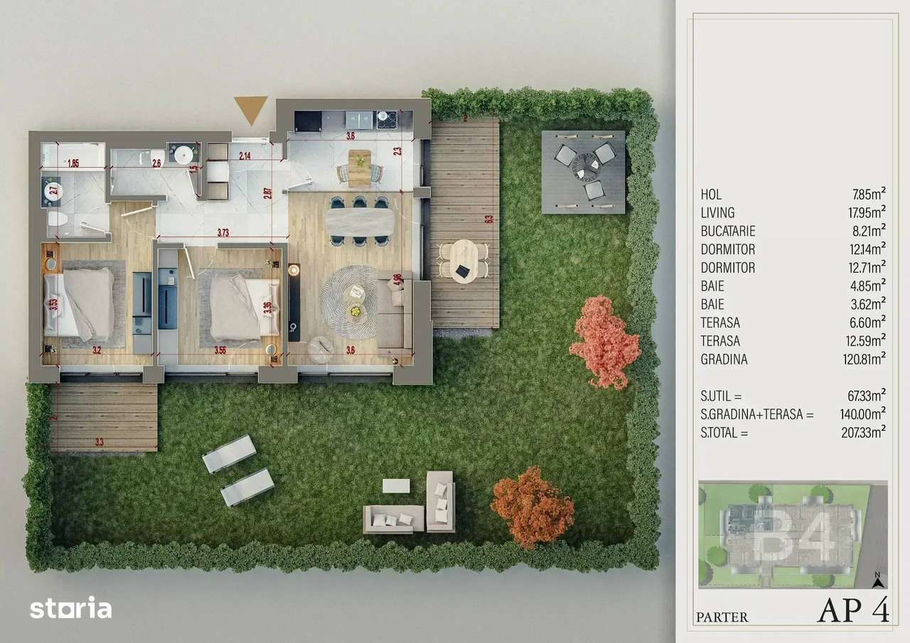 3 camere cu gradina de 140 mp GATA DE MUTAT poze reale Theodor Pallady-1