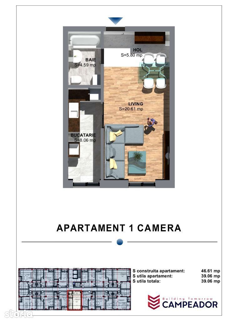 CAMPEADOR: Apartament cu 1 cam, 39 mp utili, bucatarie inchisa, et.1