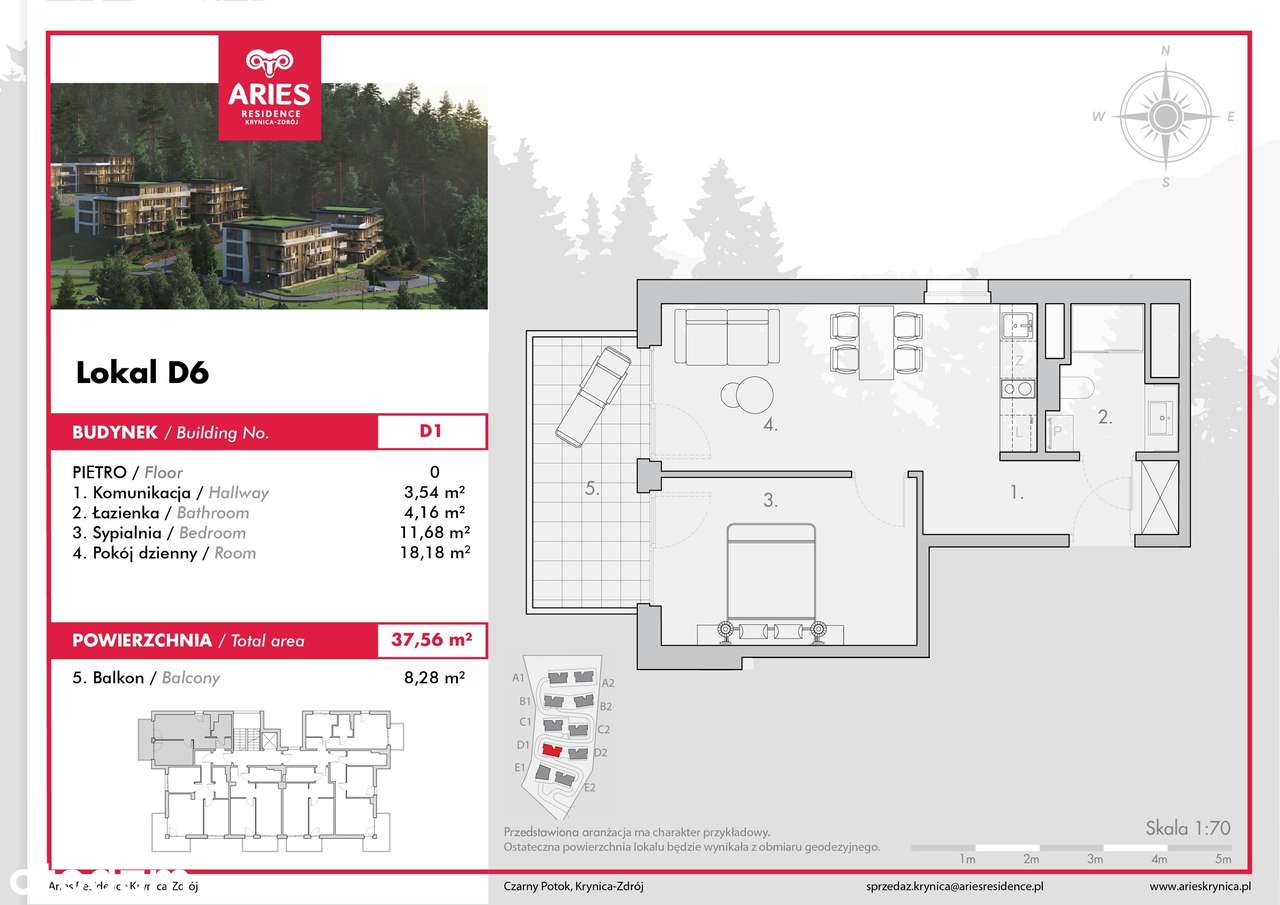 Apartament 37 m obok stacji narciarskiej Jaworzyna Krynicka (lokal D6)