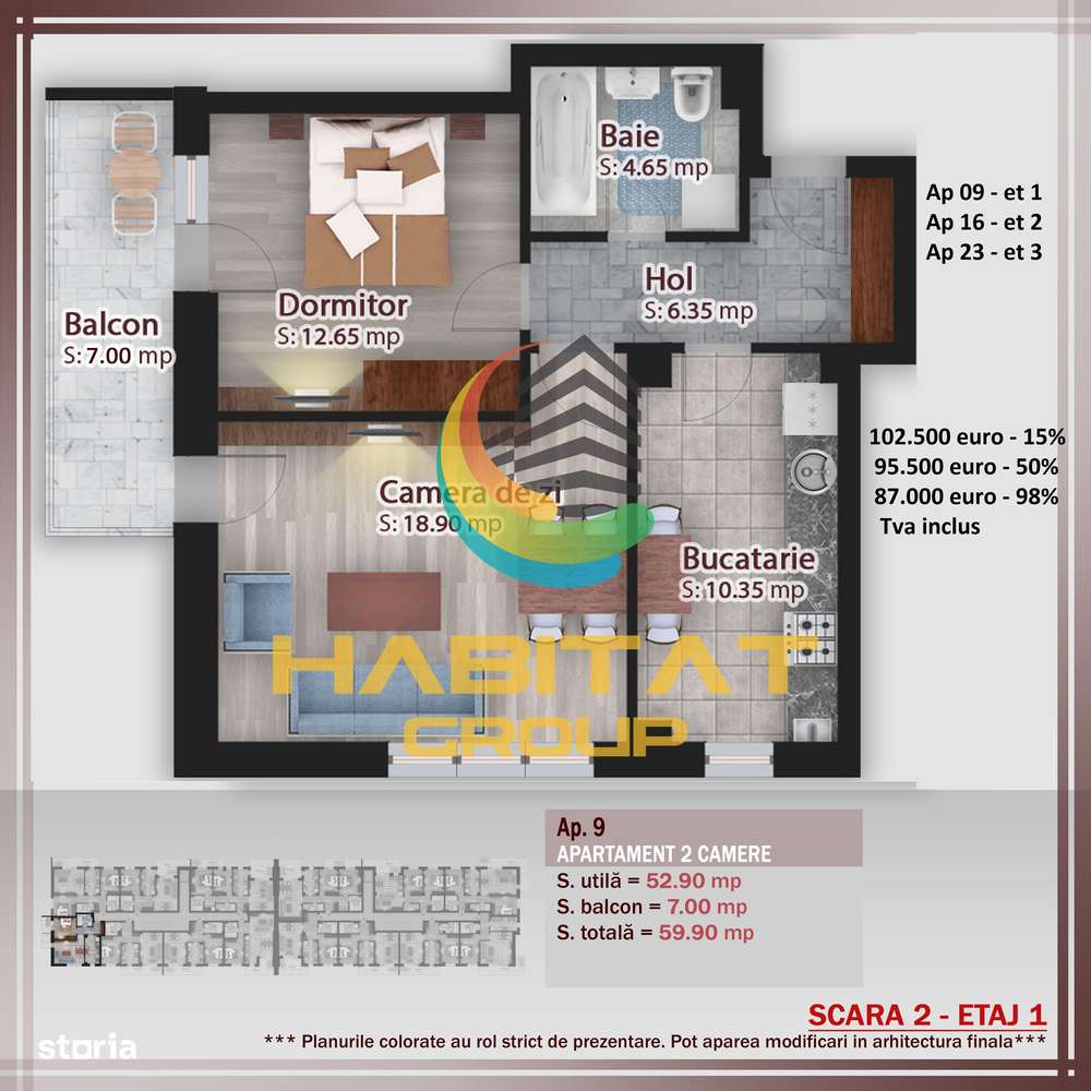 Pallady-Apartament 2 Cam, dec, bucatarie inchisa, 59.9 mp. - Imagine principală: 5/5