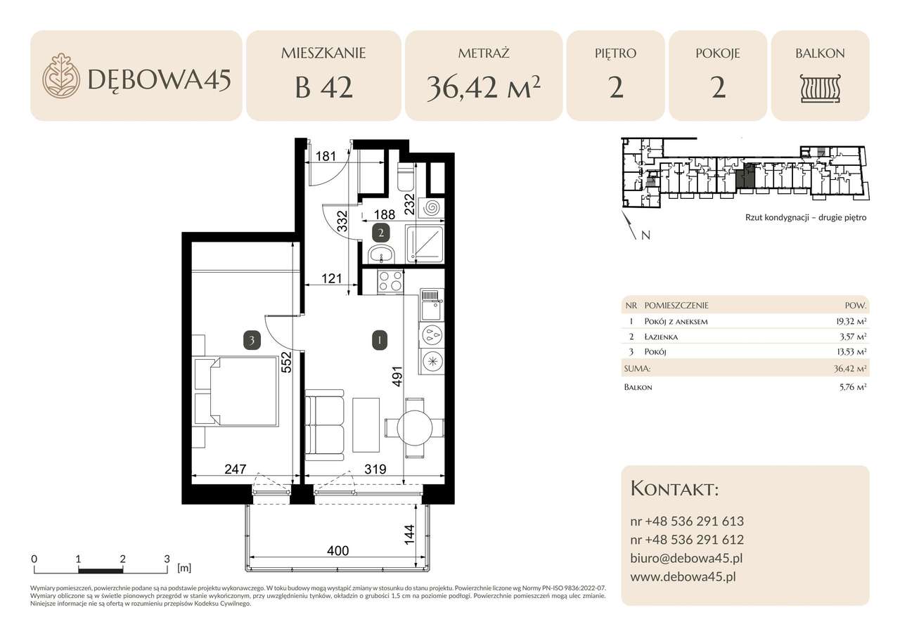 2-pokojowe mieszkanie 36m2 + balkon - Pełny obrazek: 2/7